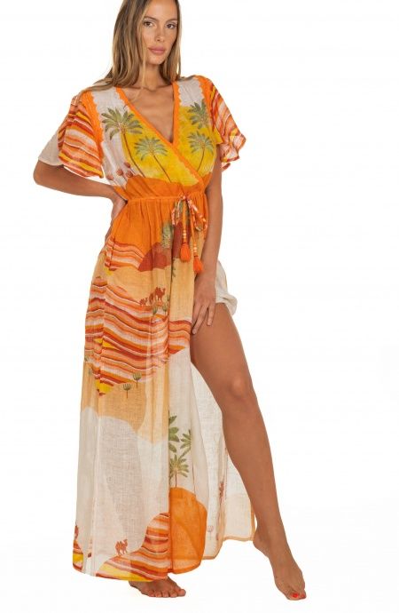 Pin Up Stars Long Dress Scollo a V In Garza Stampa Dune Vendite Flash