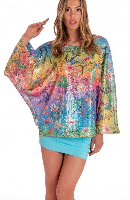 Pin Up Stars Blusa Poncho Paillettes Stampa Dune Paillettes Soddisfazione Garantita