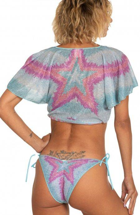 Pin Up Stars Crop Top Aperto Scollo A V Lurex Stampa Stella Sfumata Vendita Economica