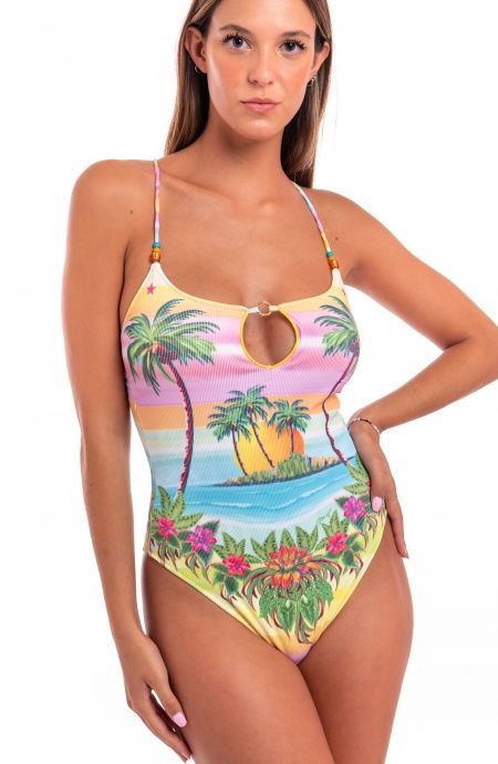 Pin Up Stars Costume Intero Tessuto Costina Stampa Hawaii Sconto