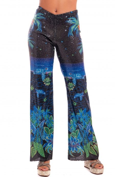 Pin Up Stars Pantalone Zampa Paillettes Stampa Hawaii Pezzi Unici