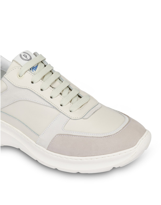 Pollini Sneakers In Vitello, Nabuk E Crosta Roomy Avorio/perla/bianco/bianco/avorio Economico