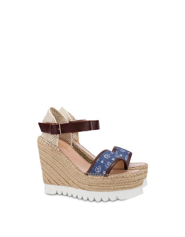 Pollini Sandali Con Zeppa Espadrillas Heritage Denim Jacquard Blu/marrone Nuova