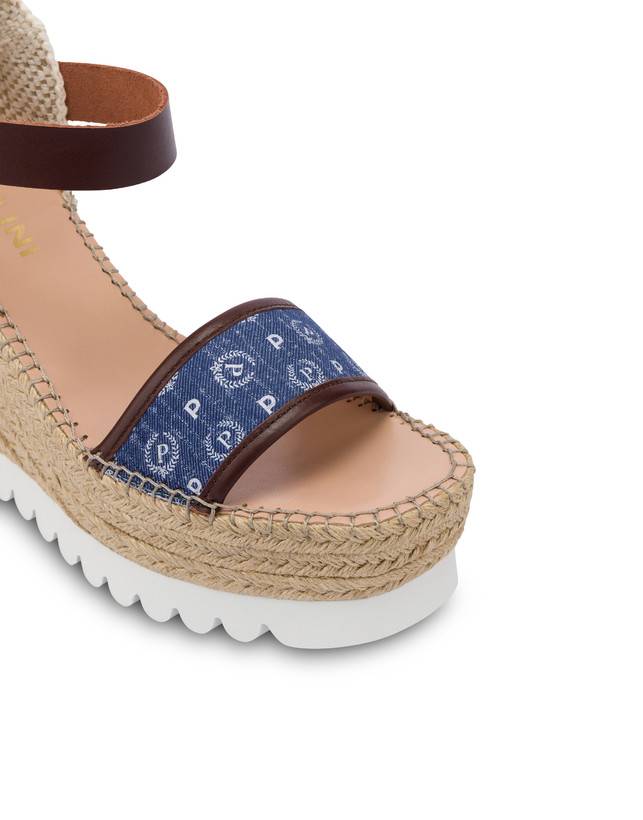 Pollini Sandali Con Zeppa Espadrillas Heritage Denim Jacquard Blu/marrone Nuova