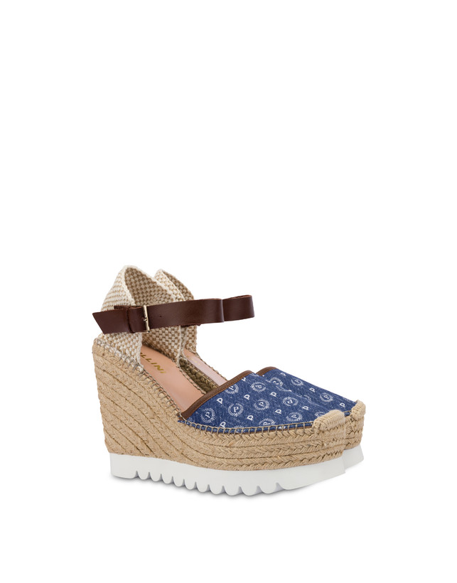 Pollini Sandali Con Zeppa Espadrillas Heritage Denim Jacquard Blu/marrone Moda