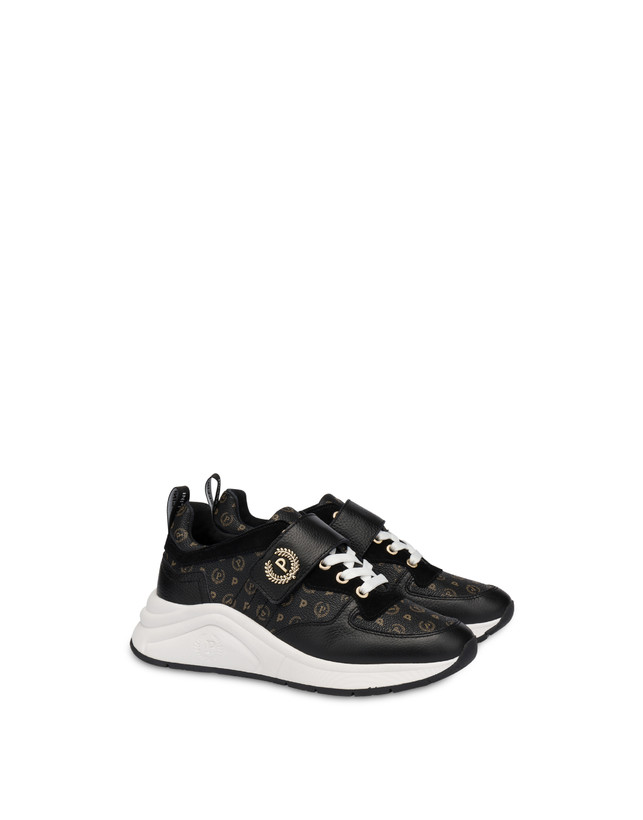 Pollini Sneakers In Vitello E Pvc Logo Heritage Nero/nero Spedizione Gratuita