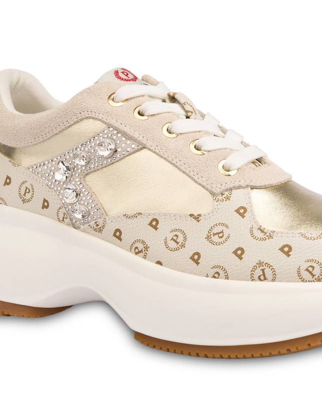 Pollini Sneakers Con Pietre E Strass Forever Avorio/platino Pezzi Unici
