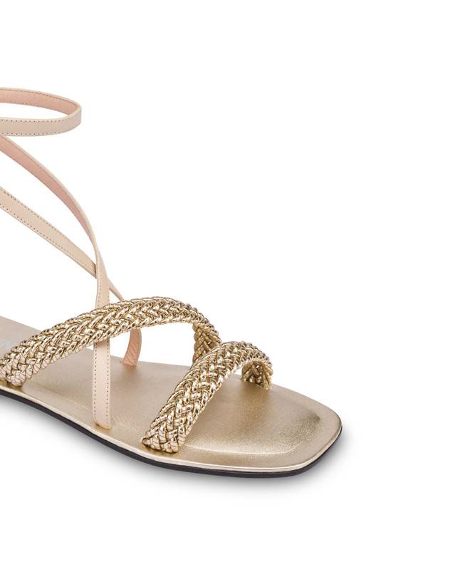Pollini Sandali Flat In Vitello E Specchio Laminato Italian Savoir Faire Platino/sabbia Saldi Di Fabbrica