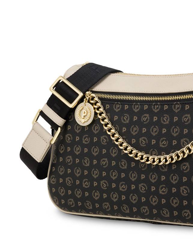 Pollini Borsa A Tracolla In Pvc Heritage Logo Classic Nero/avorio In Vendita