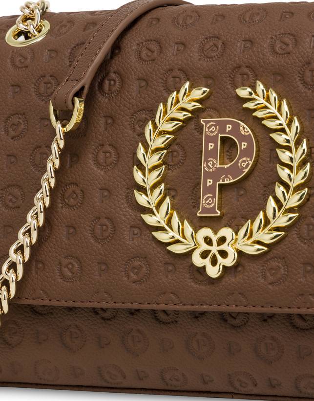 Pollini Borsa A Spalla In Vitello Heritage Logo Embossed Marrone Nuova