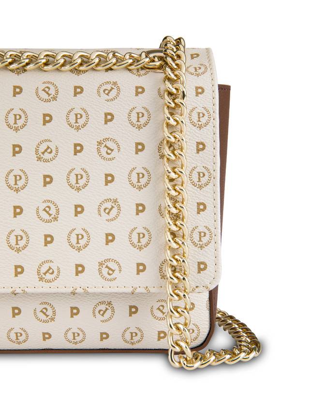 Pollini Borsa A Spalla Con Catena Heritage Logo Classic Avorio/marrone In Saldo