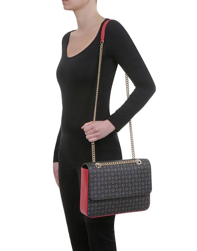 Pollini Borsa A Spalla Con Catena Heritage Logo Classic Nero/lacca Moda
