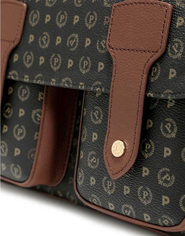 Pollini Borsa A Spalla Multitasche Heritage Logo Classic Nero/marrone Offerta speciale