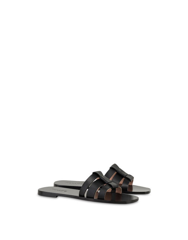 Pollini Sandali Flat In Vacchetta Sahara Nero Online Outlet
