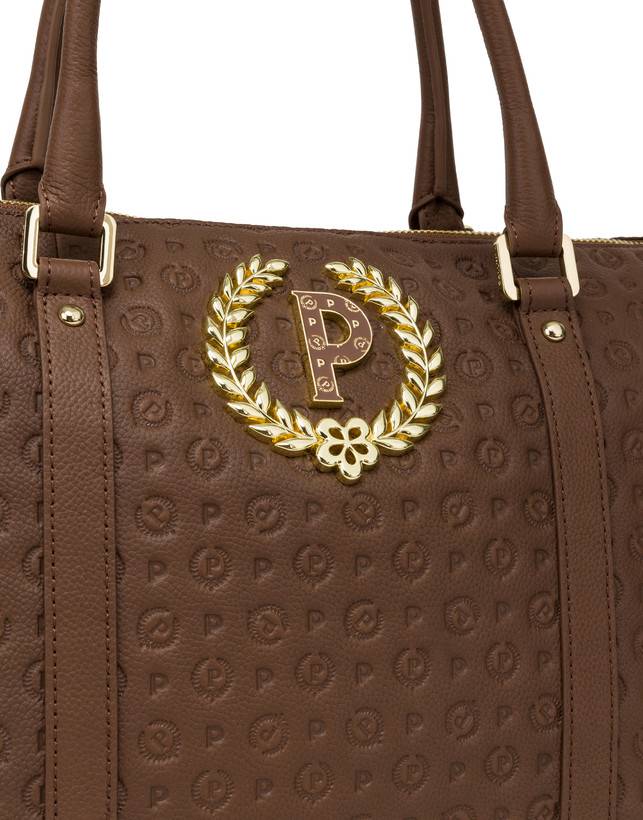 Pollini Shopping Bag Heritage Logo Embossed Marrone Enormi sconti