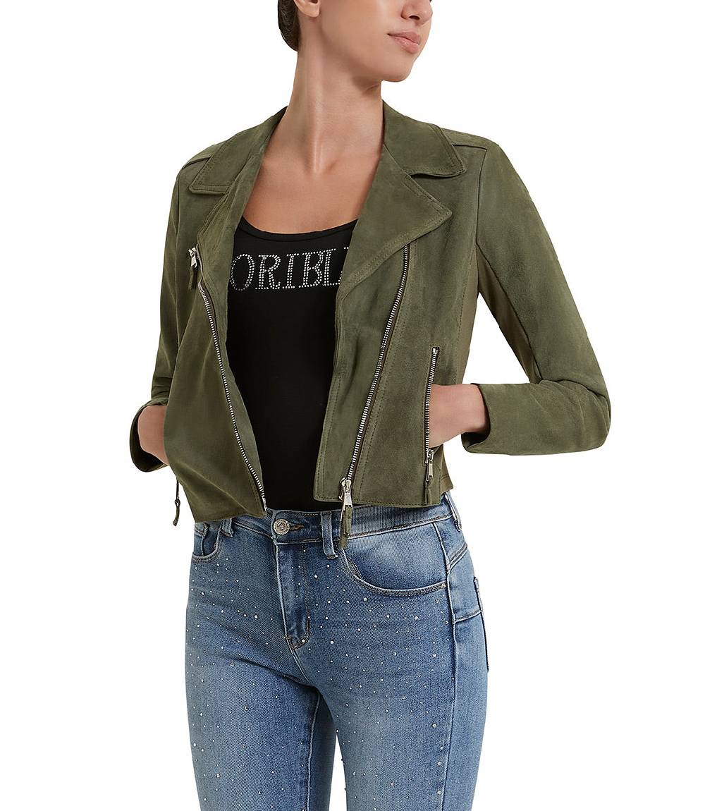 Loriblu Giacca stile biker in camoscio salvia Vendita Economica