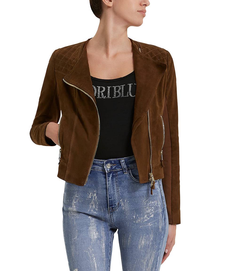 Loriblu Giacca stile biker in camoscio tabacco In Saldo