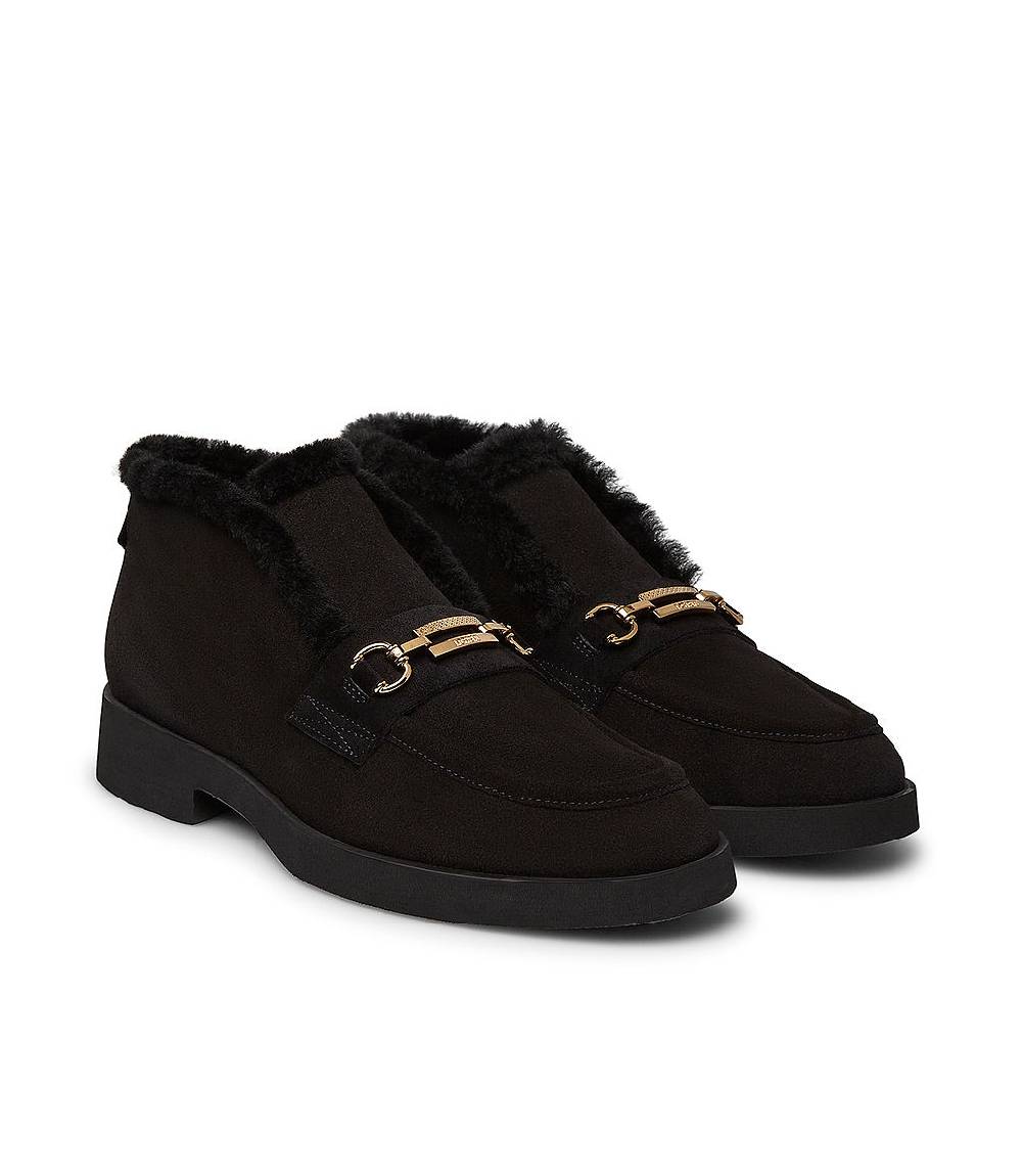 Loriblu Mocassini in camoscio e shearling nero con fibbia-logo Pezzi Unici