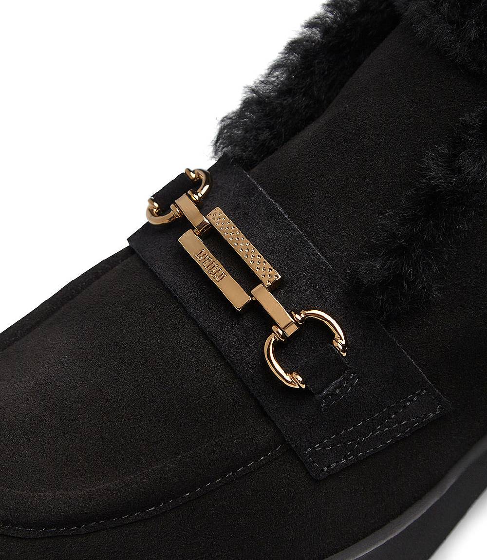 Loriblu Mocassini in camoscio e shearling nero con fibbia-logo Pezzi Unici