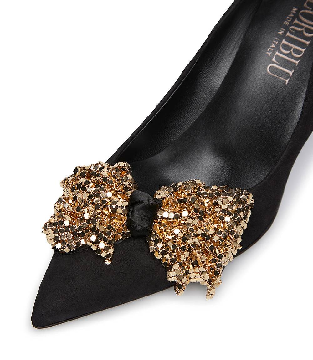 Loriblu Décolleté onda in camoscio nero con fiocco full metal oro 2025