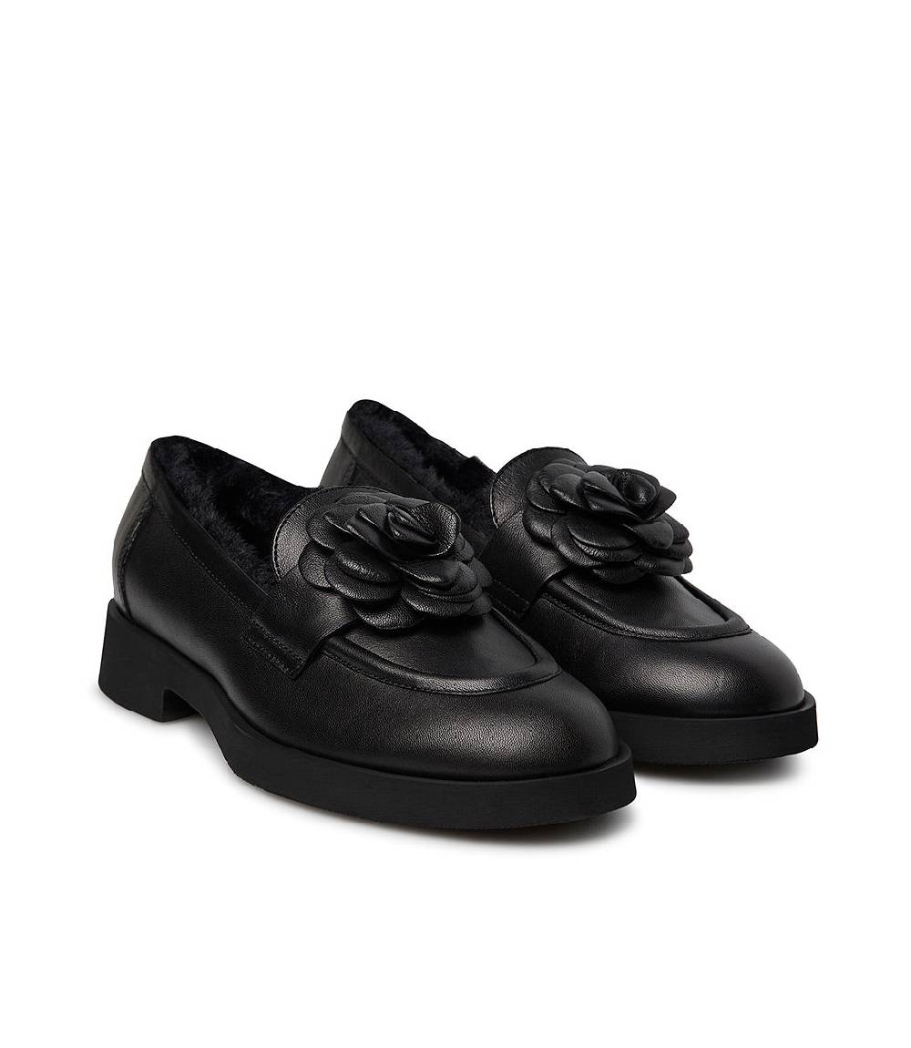 Loriblu Mocassino in nappa nero con fiore e fodera shearling Qualità