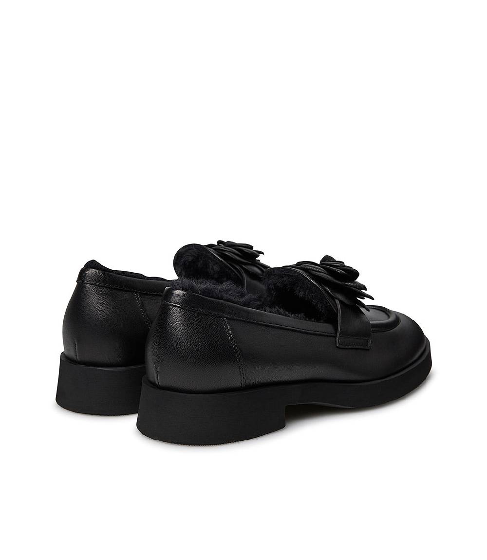 Loriblu Mocassino in nappa nero con fiore e fodera shearling Qualità
