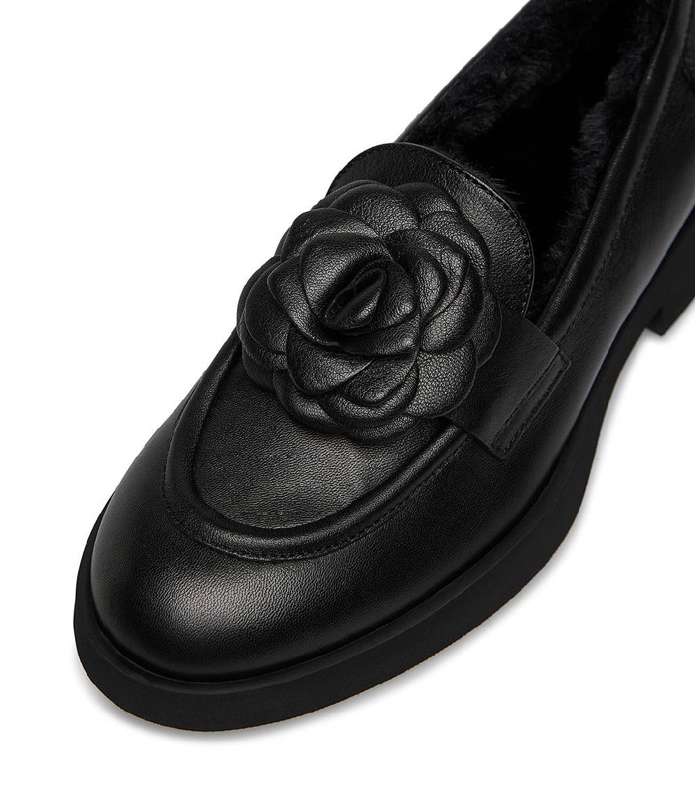 Loriblu Mocassino in nappa nero con fiore e fodera shearling Qualità