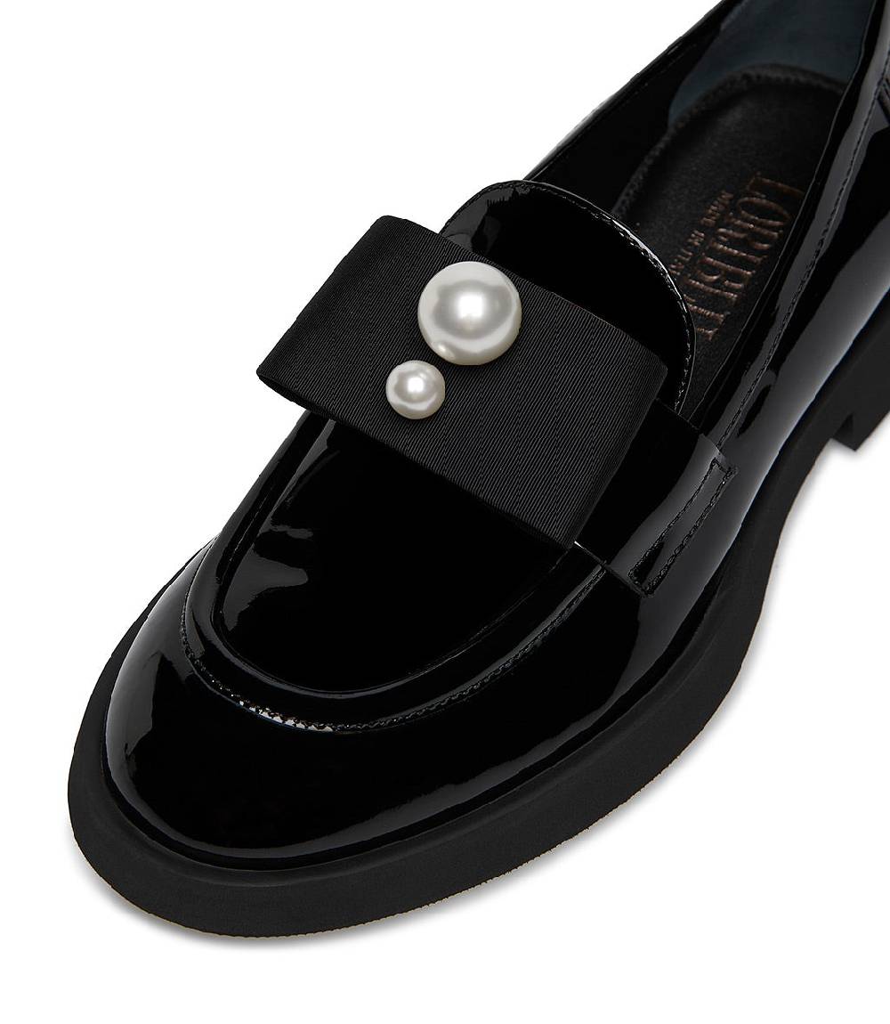 Loriblu Mocassino in vernice nera con gros-grain e perle Vendita