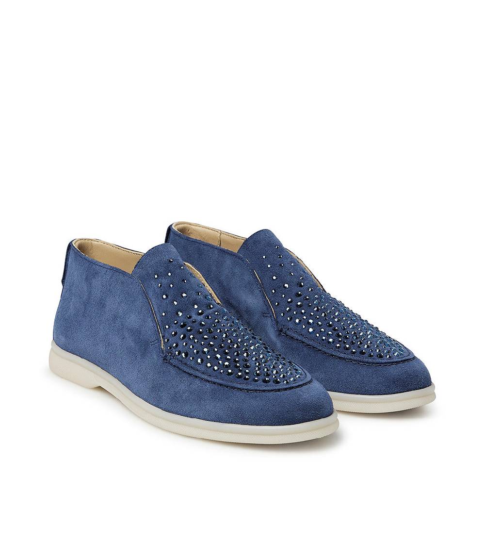 Loriblu Mocassini in pelle scamosciata blu avio con cristalli Presa
