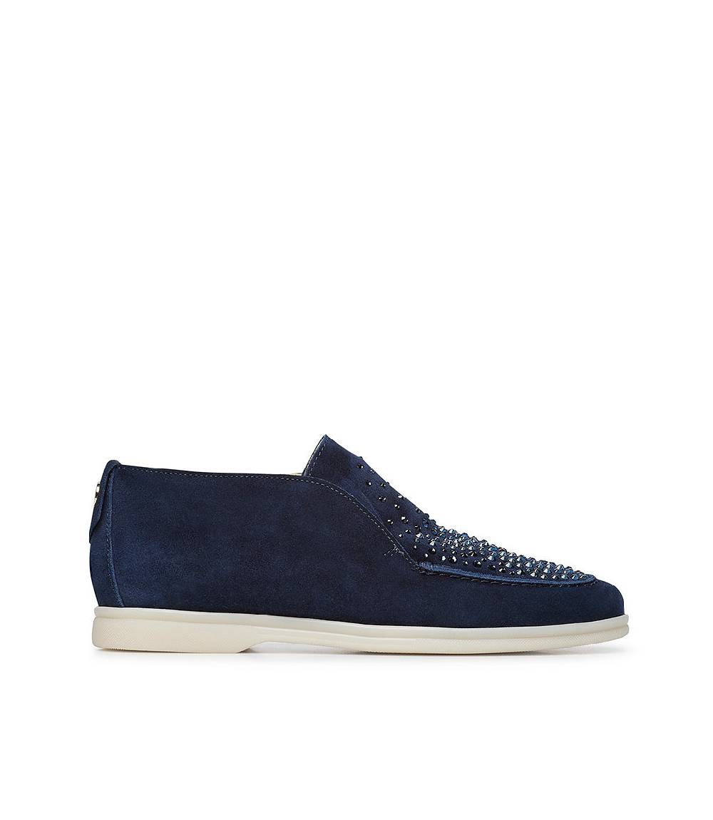 Loriblu Mocassini in pelle scamosciata blu scuro con cristalli Sconto