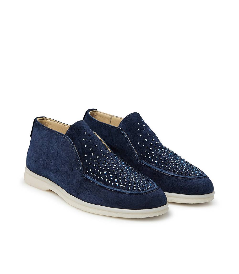 Loriblu Mocassini in pelle scamosciata blu scuro con cristalli Sconto