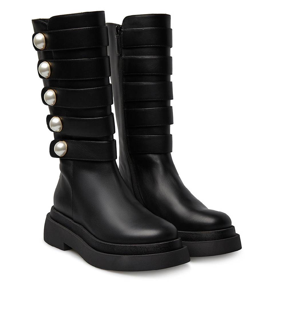 Loriblu Stivale in vitello nero con cinturini e borchie perla Convenienza