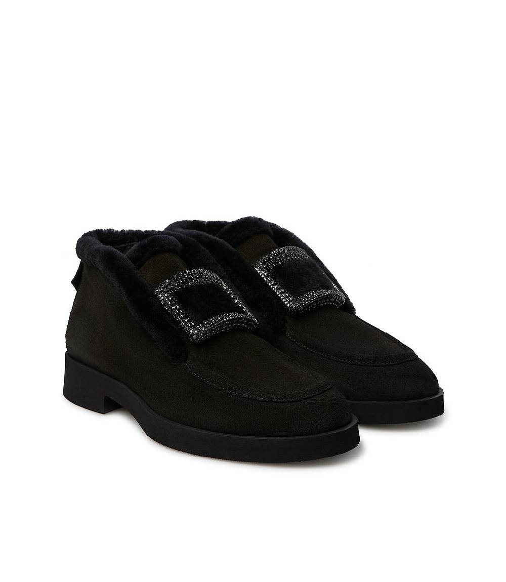 Loriblu Mocassini in camoscio e shearling nero con fibbia-gioiello Offerte
