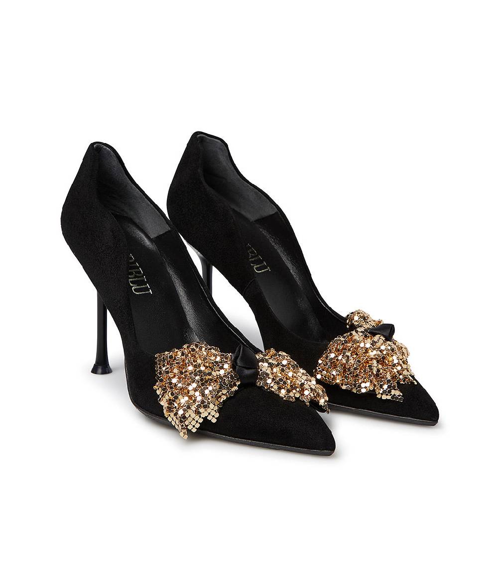 Loriblu Décolleté onda in camoscio nero con fiocco full metal oro Promozione Limitata