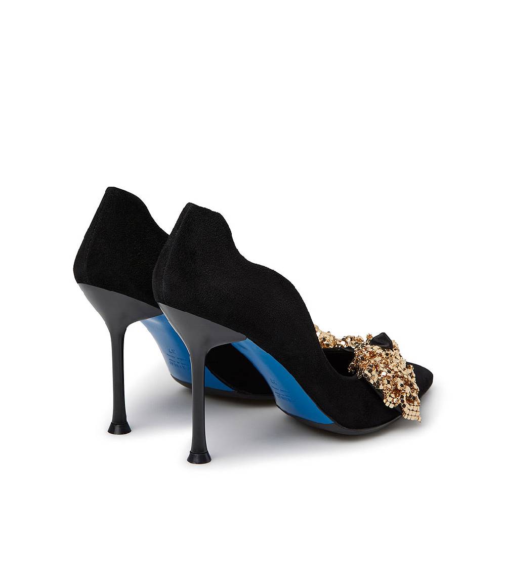 Loriblu Décolleté onda in camoscio nero con fiocco full metal oro Promozione Limitata