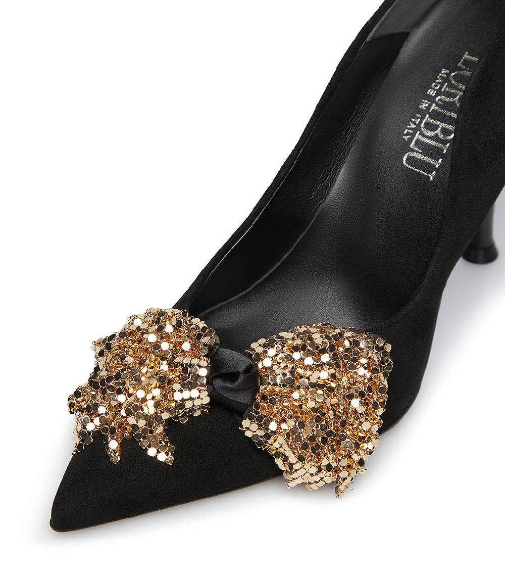 Loriblu Décolleté onda in camoscio nero con fiocco full metal oro Promozione Limitata