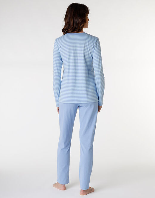Lovable Pigiama lungo chiuso in jersey di cotone, azzurro a righe con stampa In Vendita