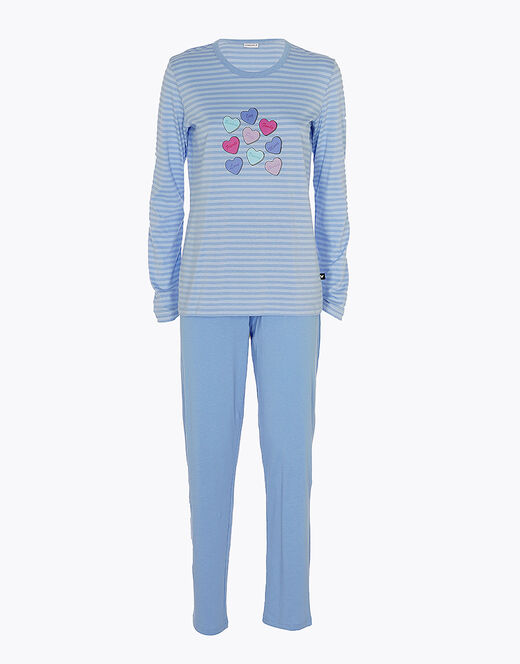Lovable Pigiama lungo chiuso in jersey di cotone, azzurro a righe con stampa In Vendita