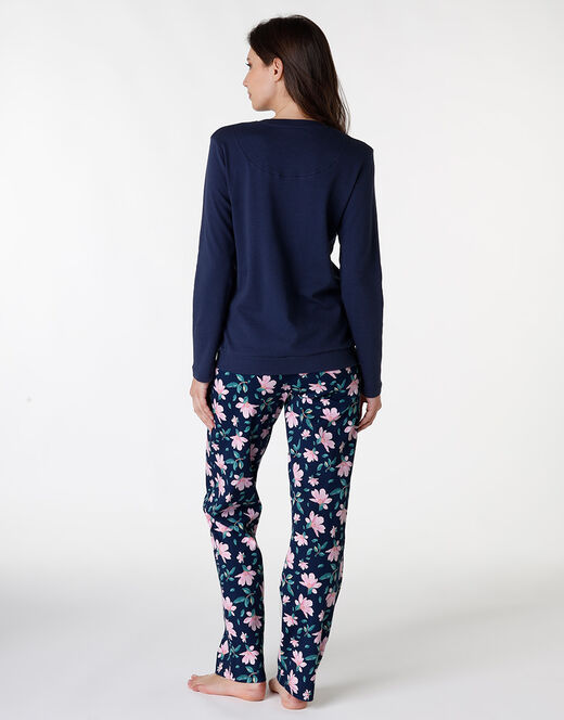 Lovable Pigiama lungo in interlock di cotone, blu con stampa floreale Saldi