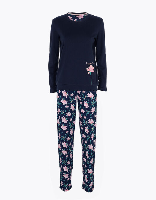 Lovable Pigiama lungo in interlock di cotone, blu con stampa floreale Saldi