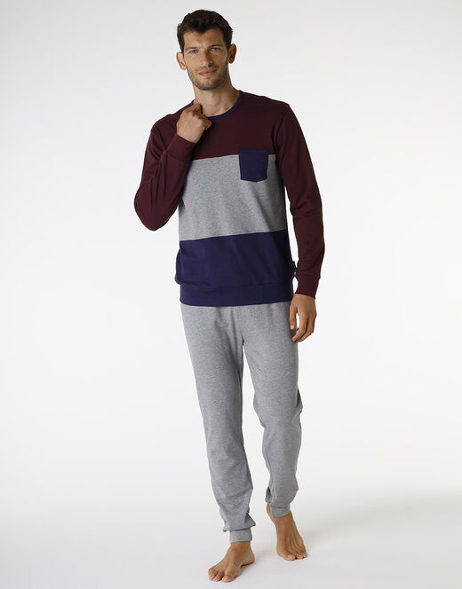 Lovable Pigiama lungo in interlock di cotone, bordeaux grigio e blu In Linea