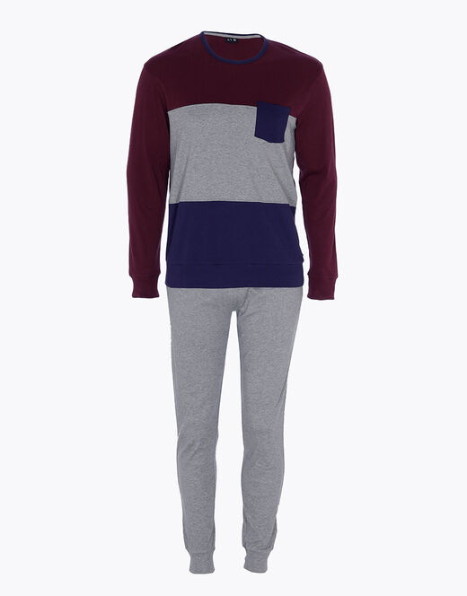 Lovable Pigiama lungo in interlock di cotone, bordeaux grigio e blu In Linea