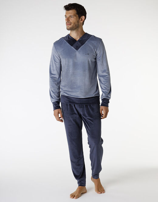 Lovable Pigiama lungo in ciniglia, blu polvere e blu navy Sconto