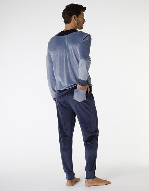 Lovable Pigiama lungo in ciniglia, blu polvere e blu navy Sconto