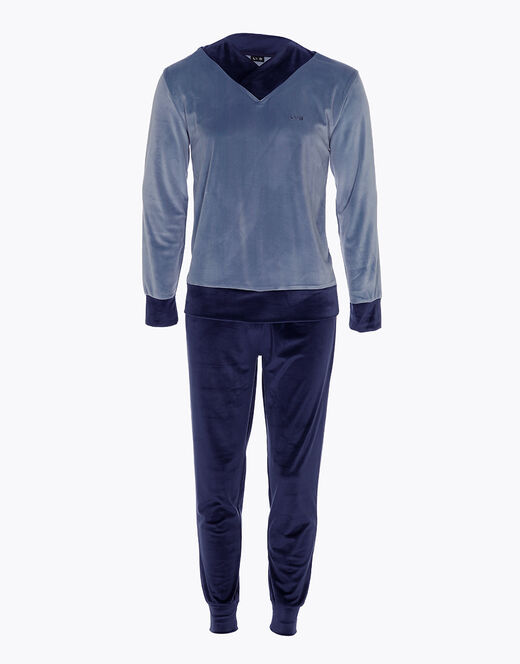 Lovable Pigiama lungo in ciniglia, blu polvere e blu navy Sconto