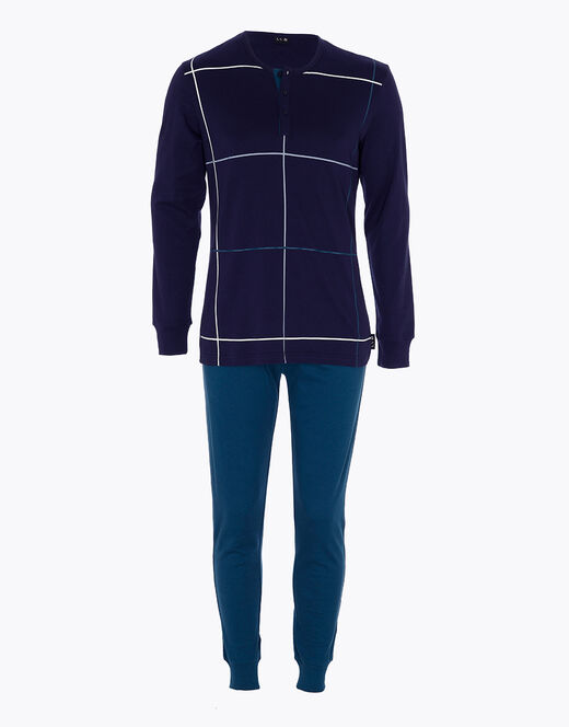Lovable Pigiama lungo in interlock di cotone, blu navy con stampa a quadri Online
