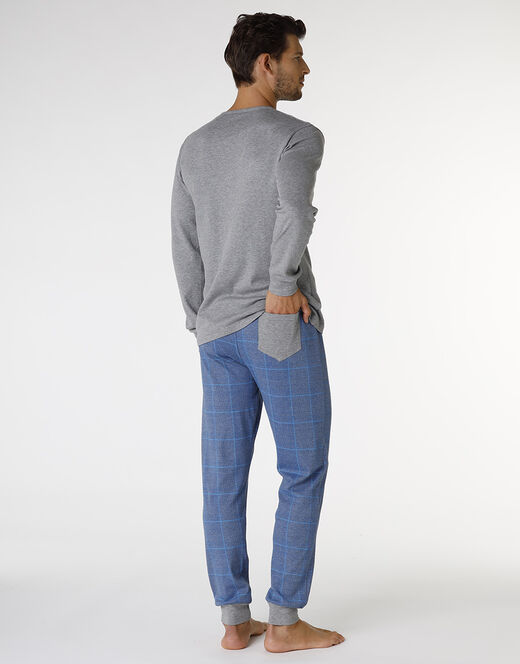 Lovable Pigiama lungo in interlock di cotone, grigio melage scuro e blu polvere con stampa Soddisfazione Garantita