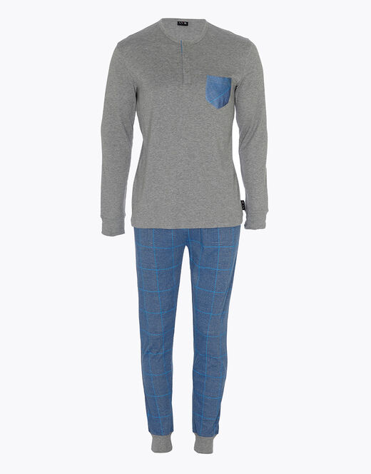 Lovable Pigiama lungo in interlock di cotone, grigio melage scuro e blu polvere con stampa Soddisfazione Garantita