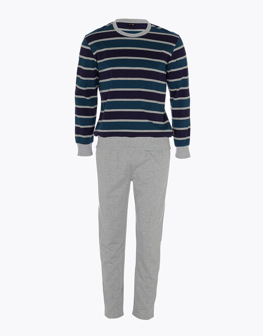 Lovable Pigiama lungo a righe in cotone, grigio melange e blu Convenienza