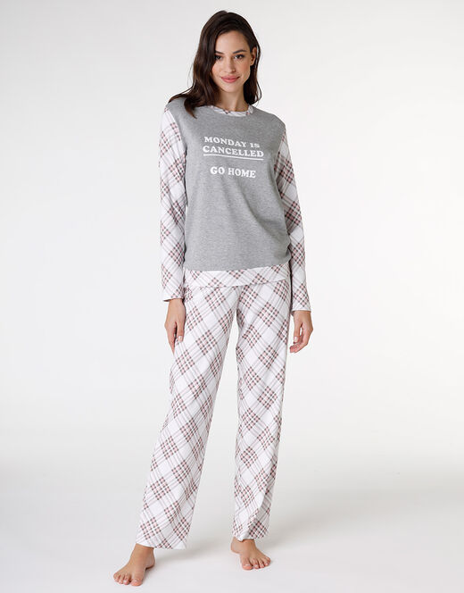 Lovable Pigiama lungo in interlock di cotone, grigio melange stampato Grande vendita